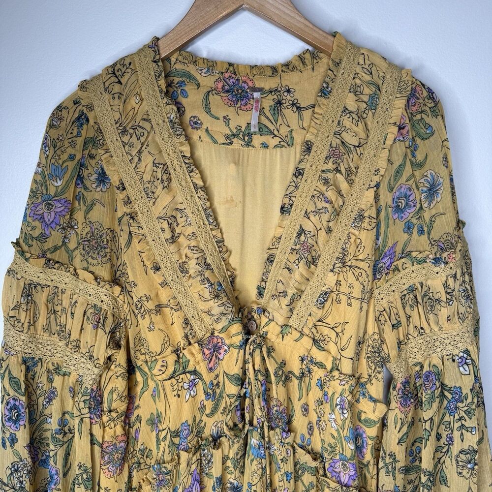 Free People Cassis Chiffon Maxi Dress Turmeric Floral Tiered Boho Festival Large - Picture 6 of 15